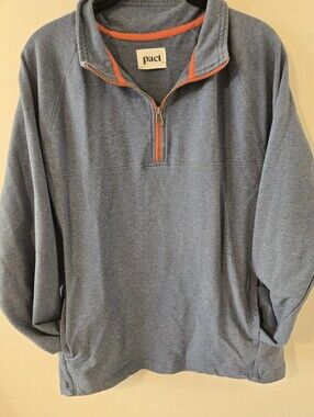 PACT Mens 1/4 Zip Pullover Sweater Organic Cotton Blue Long Sleeve Sz M Flaws